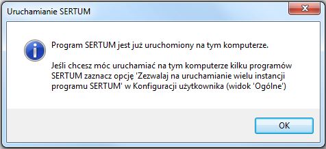 Komunikat blokady uruchomienia wielu programów Sertum jednocześnie